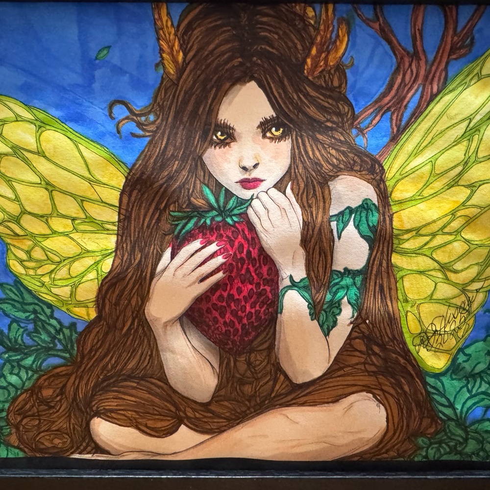 Whimsical Yellow and Red Fairy Illustration Art